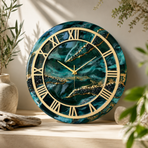 Luxury teal and gold resin wall clock featuring artistic waves, geode textures, and Roman numerals.