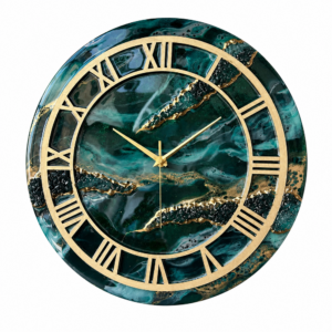 Elegant emerald teal resin wall clock with gold Roman numerals and luxurious ocean-inspired details.