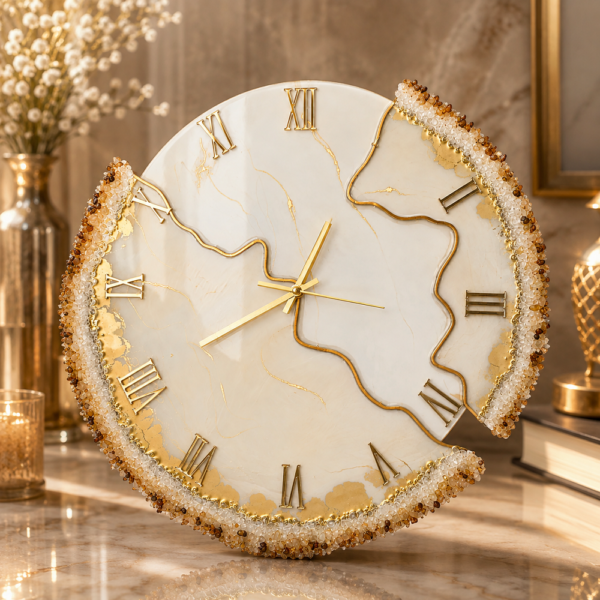 Ivory white and gold geode resin wall clock with crystal detailing and Roman numerals.