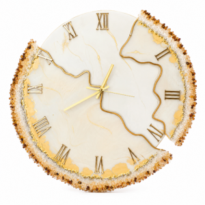 Ivory white and gold geode resin wall clock
