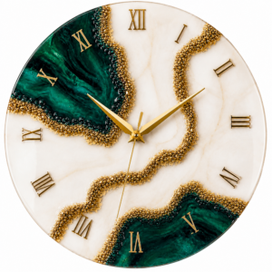 Elegant emerald green and white resin wall clock with gold accents, Roman numerals and glossy finish.