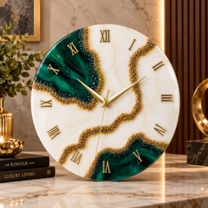 Luxury emerald green resin wall clock with white, gold details and Roman numerals.