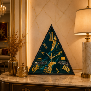 Handcrafted green triangular resin wall clock with elegant artistic patterns, glossy finish, and modern luxury design for stylish home wall decor