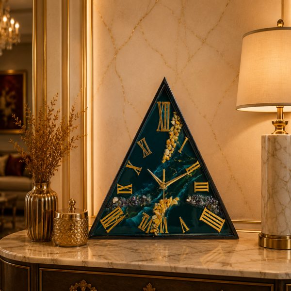 Green triangle clock Handcrafted green triangular resin wall clock with elegant artistic patterns, glossy finish, and modern luxury design for stylish home wall decor