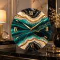 Luxury teal, black and gold resin wall clock with Roman numerals and elegant design.
