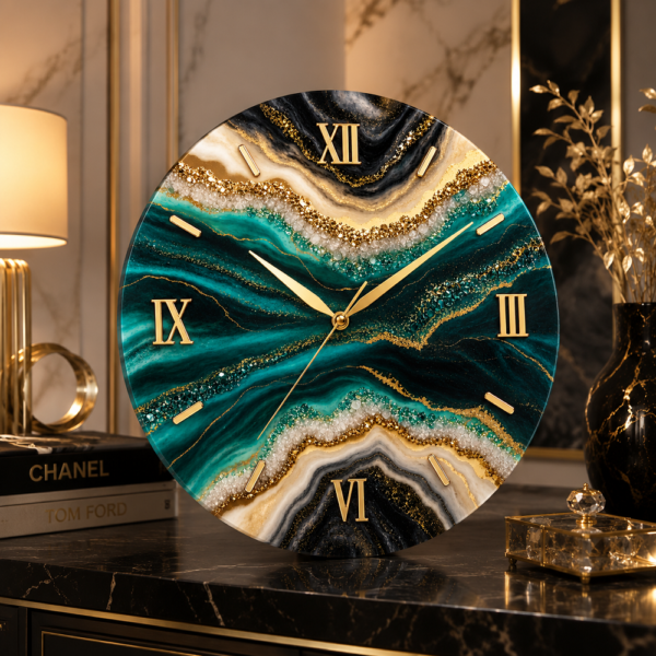 Luxury teal, black and gold resin wall clock with Roman numerals and elegant design.