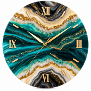 Luxury emerald teal and gold geode resin wall clock with Roman numerals and crystal accents.
