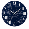Navy blue resin wall clock with white marble veining, silver hands, and Roman numerals for decor art