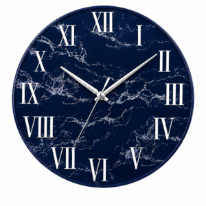 Navy blue resin wall clock with white marble veining, silver hands, and Roman numerals for decor art