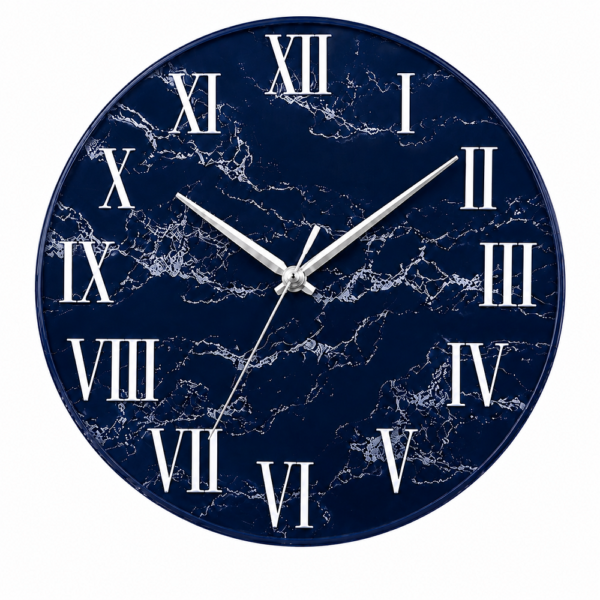 Navy blue resin wall clock with white marble veining, silver hands, and Roman numerals for decor art