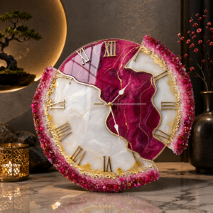 Crimson and white geode resin wall clock with gold veining, Roman numerals, and sparkling pink crystal detailing.