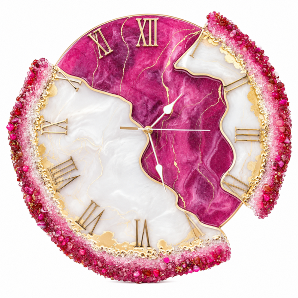 Crimson and white geode resin wall clock
