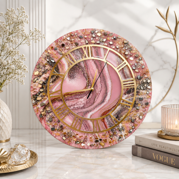 Pink crystal resin wall clock Luxury pink and gold resin wall clock featuring Roman numerals, glossy swirls, and a sparkling crystal edge.