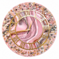 Elegant pink resin wall clock with crystal-textured border, gold Roman numerals, and artistic design.