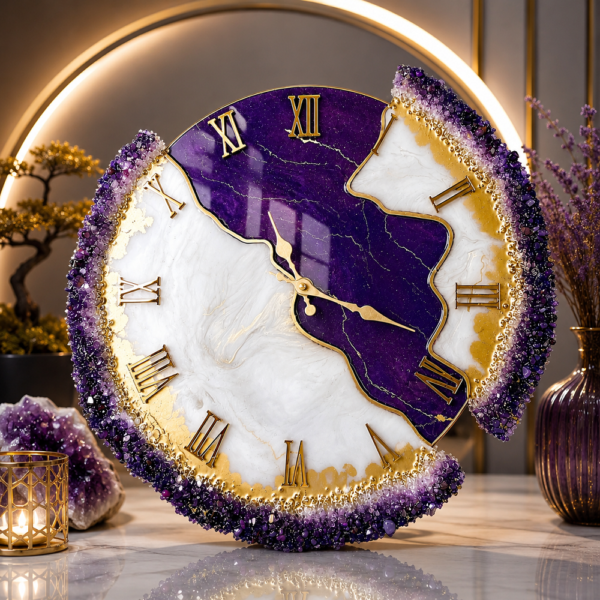 Purple color broken art resin wall clock Amethyst purple and white geode resin wall clock with gold veining, Roman numerals, and sparkling crystal detailing