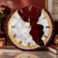 Broken Elegance red resin wall clock with gold accents, white marble effect, and crystal detailing.