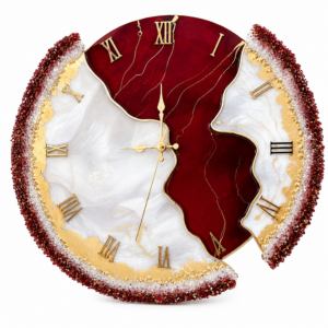 Broken Elegance red resin wall clock with gold accents