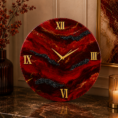 Luxury red resin wall clock featuring gold veining, black accents, Roman numerals and three hands
