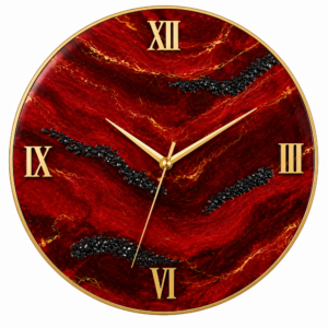 Crimson red resin wall clock with black accents, gold Roman numerals, and elegant gold detailing.