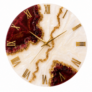 Burgundy gold resin geode wall clock with Roman numerals and elegant crystalline accents