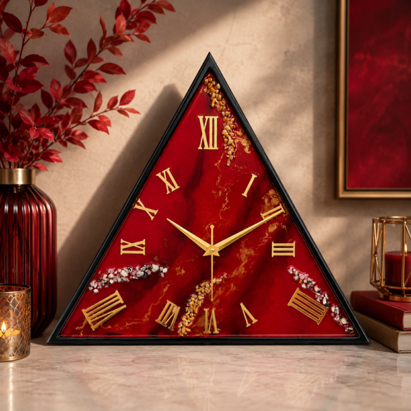 Red triangular resin wall clock with gold Roman numerals and decorative stone detailing.