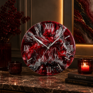 Red designer wall clock Luxury handmade red resin wall clock featuring artistic swirls and silver details