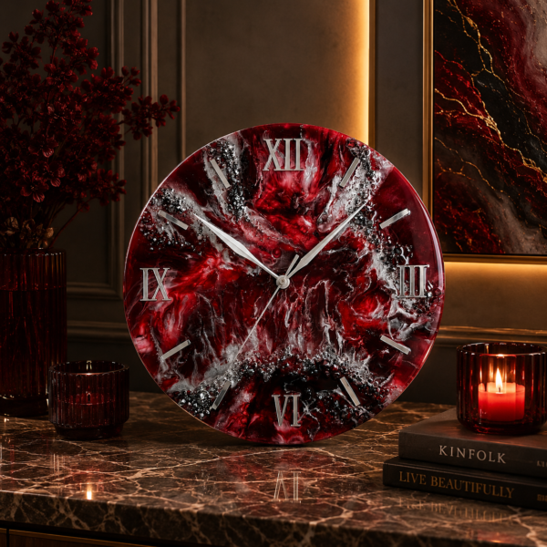 Red designer wall clock Luxury handmade red resin wall clock featuring artistic swirls and silver details
