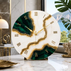 Royal green and white decorative wall clock Luxury emerald green resin wall clock with white, gold details and Roman numerals.