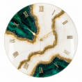 Elegant emerald green and white resin wall clock with gold accents, Roman numerals and glossy finish.