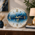 Handmade ocean blue resin clock with gold veining, Roman numerals, and crystal accents