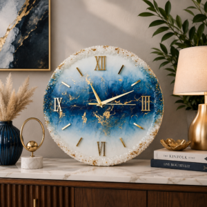 Sea blue resin art clock Handmade ocean blue resin clock with gold veining, Roman numerals, and crystal accents