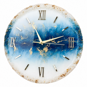 Ocean blue gold resin wall clock with Roman numerals and crystal geode-textured border
