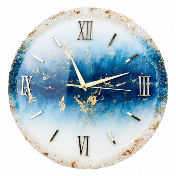 Sea blue resin art clock Ocean blue gold resin wall clock with Roman numerals and crystal geode-textured border