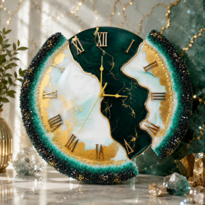 emerald green And sea-green geode art resin wall clock
