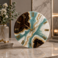 Luxury teal brown wall clock featuring gold details, geode textures, and stylish Roman numerals