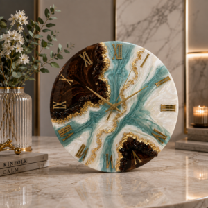 Luxury teal brown wall clock featuring gold details, geode textures, and stylish Roman numerals