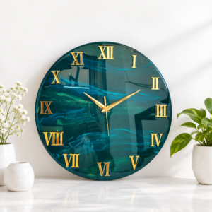 Vastu green resin wall clock with gold details for stylish and elegant home wall decor