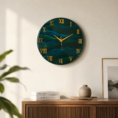 Elegant green resin wall clock with gold Roman numerals displayed in a luxurious modern interior