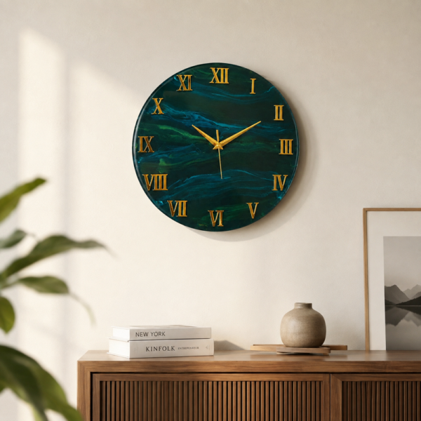 Vastu desorative luxury wall clock Elegant green resin wall clock with gold Roman numerals displayed in a luxurious modern interior