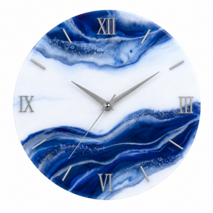 Blue and white ocean resin wall clock with silver Roman numerals and elegant metallic hands for luxury decor.