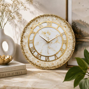 Luxury white and gold resin wall clock featuring crystal accents and elegant Roman numerals.