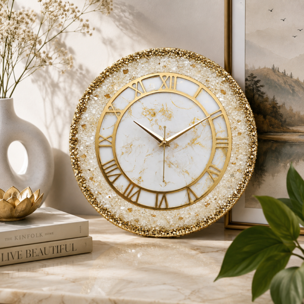 White and golden resin wall clock Luxury white and gold resin wall clock featuring crystal accents and elegant Roman numerals.