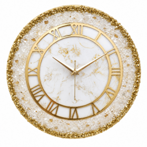 Elegant white resin wall clock with gold Roman numerals, crystal rim, and luxurious details.