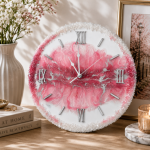 Luxury pink and white designer wall clock featuring silver accents and a beautiful textured rim.