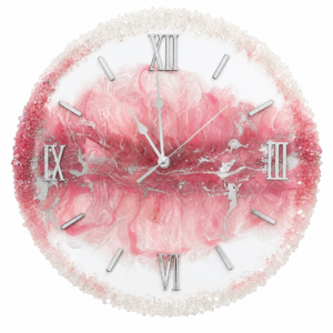 Elegant pink resin wall clock with silver Roman numerals and sparkling crystal-inspired border.