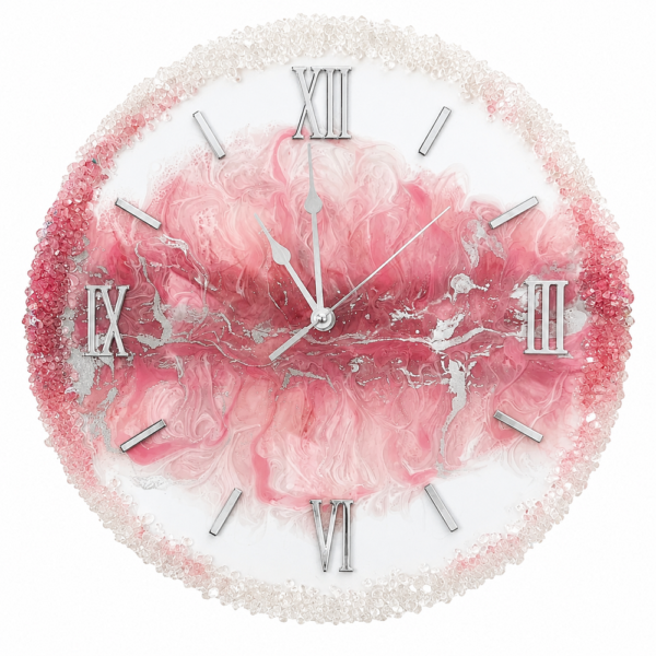White and pink resin wall clock Elegant pink resin wall clock with silver Roman numerals and sparkling crystal-inspired border.