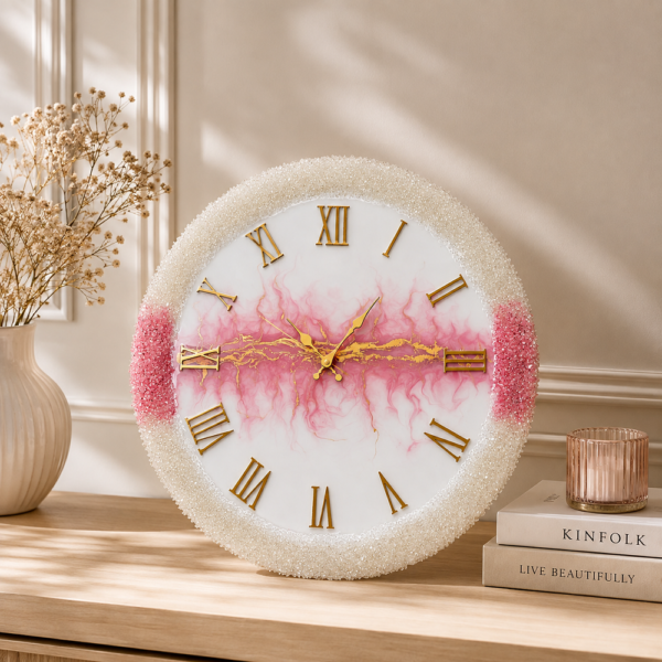 White crystal resin wall clock Handcrafted pink resin wall clock with gold veining, Roman numerals, and sparkling crystal border