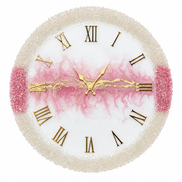White crystal resin wall clock Pink and gold geode resin luxury wall clock with Roman numerals and crystal-textured rim