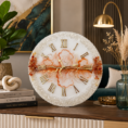 Handmade orange resin wall clock with gold veining, Roman numerals, and sparkling crystal border