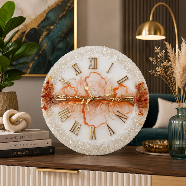 White crystal wall clock Handmade orange resin wall clock with gold veining, Roman numerals, and sparkling crystal border